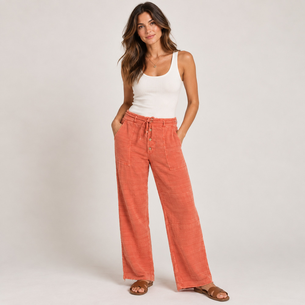 Sundance Gigi Pants L Coral Cotton Gauze Drawstring Button Fly Boho Wide Leg
